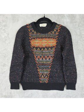 Vintage Hand Knit Wear Sweater Womens Small Fair Isle Wool Black Crew Neck